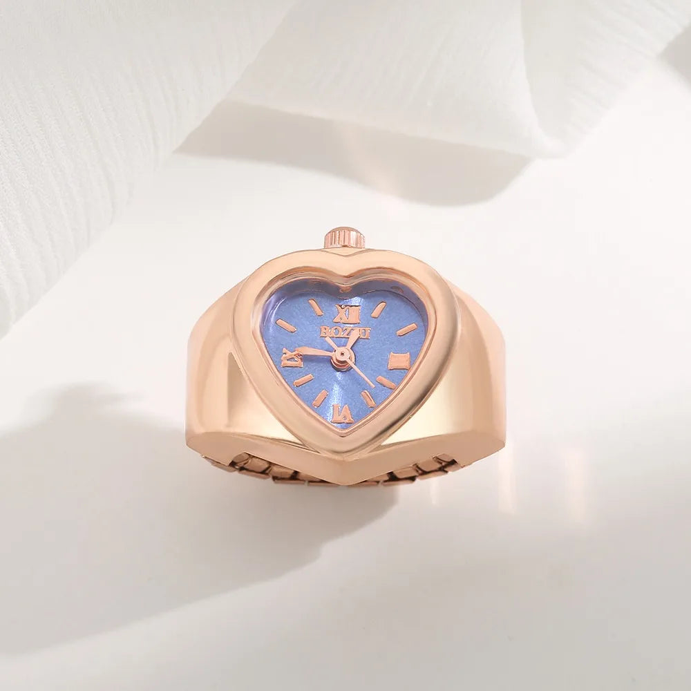 Retro Heart Shape Ring Watch – Stainless Steel Quartz Clock Ring Watch Nixie Rose Gold Blue