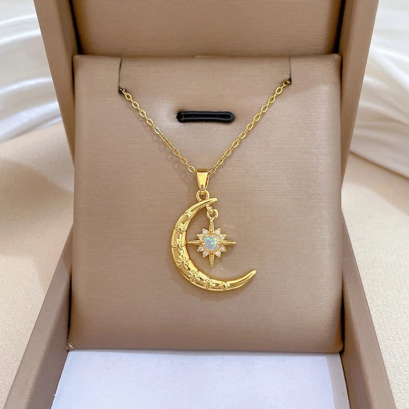 Star Moon Pendant Necklace | Gold Stainless Steel Choker Women Pendant Necklace Nixie