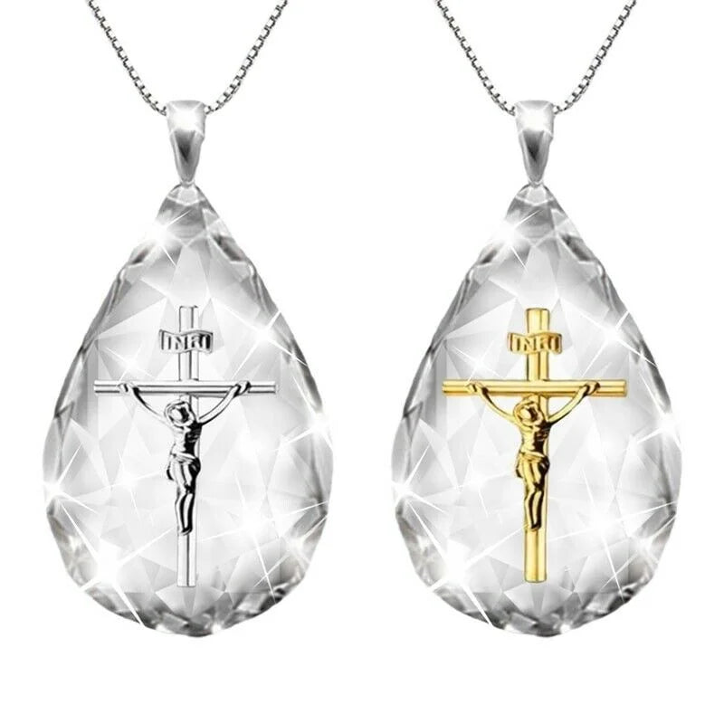 Silver Crystal Water Drop Jesus Cross Pendant Necklace Cross Pendant Necklace Nixie