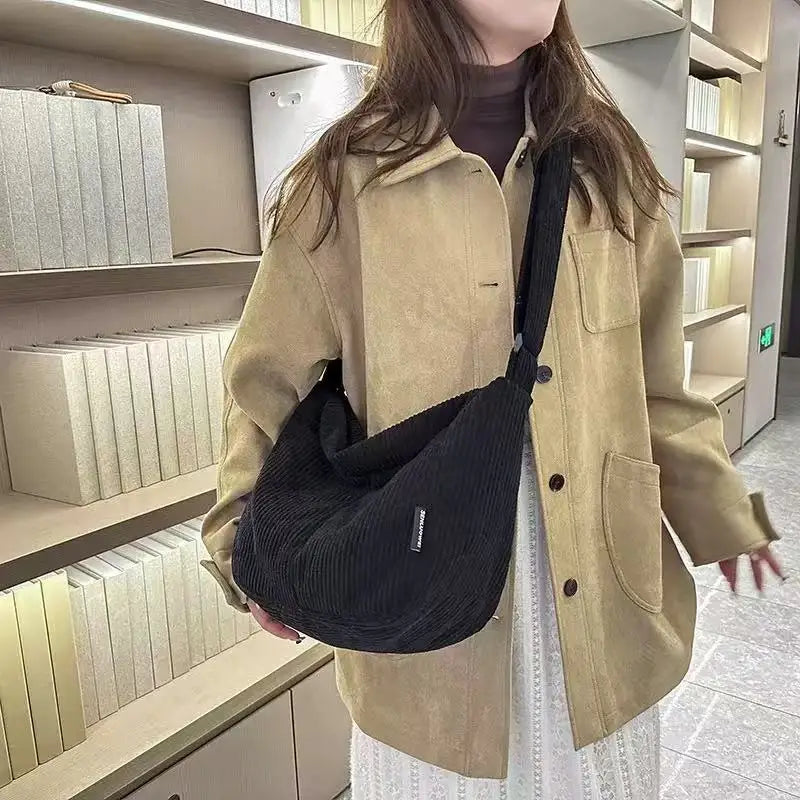 Japanese Corduroy Tote Bag – Large Shoulder & Crossbody Handbag Corduroy Tote Bag Nixie Black