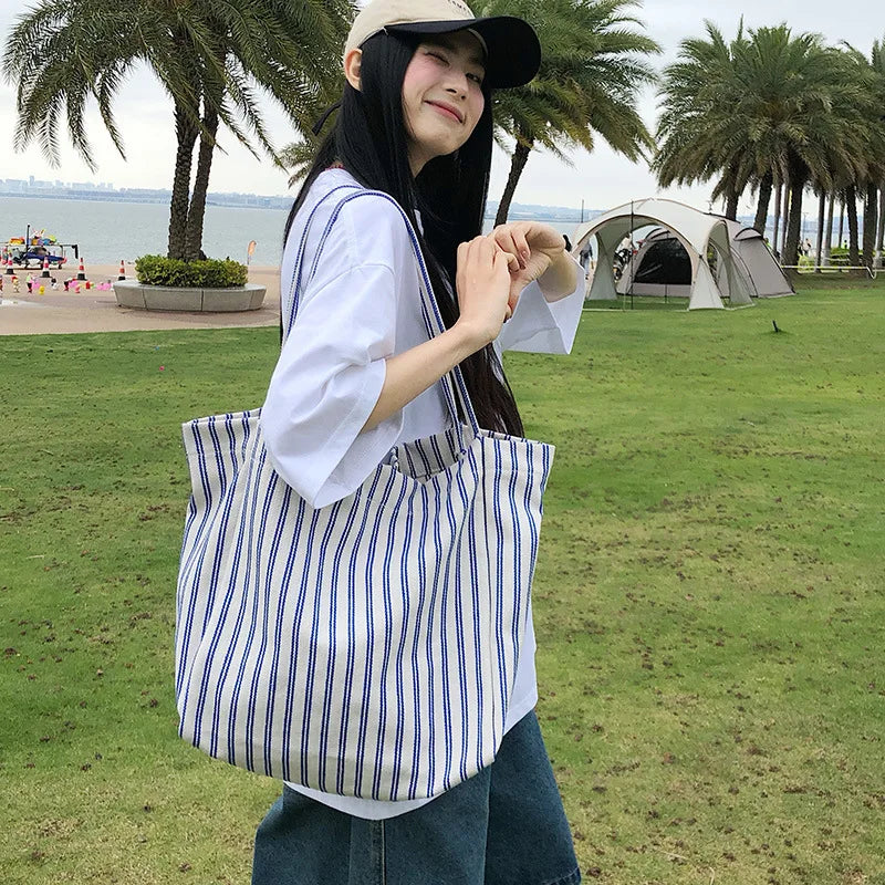 Korean Striped Canvas Tote Bag – Large Capacity Shoulder Bag Canvas Tote Bag Nixie