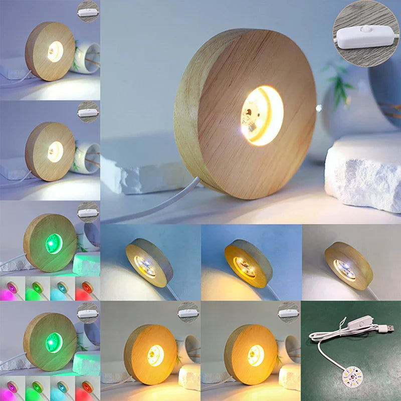 10cm Wooden LED Rotating Display Stand Light Base + USB