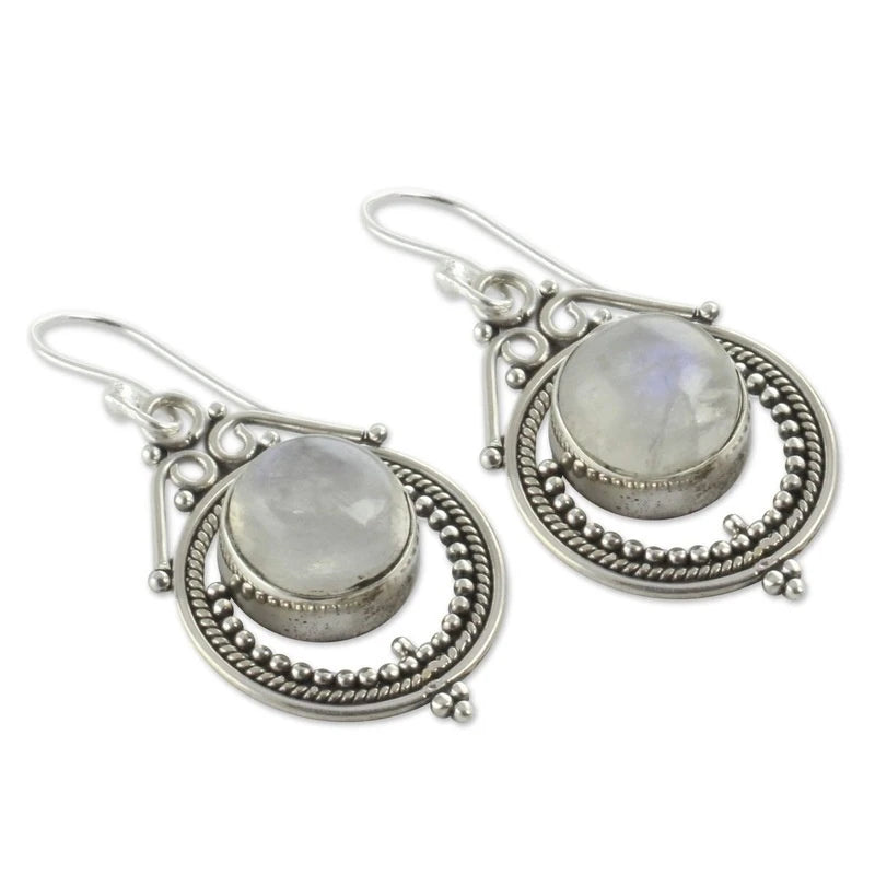 Moonstone Vintage Ball Dangle Earrings – Silver Drop Style Dangle Drop Earrings Nixie
