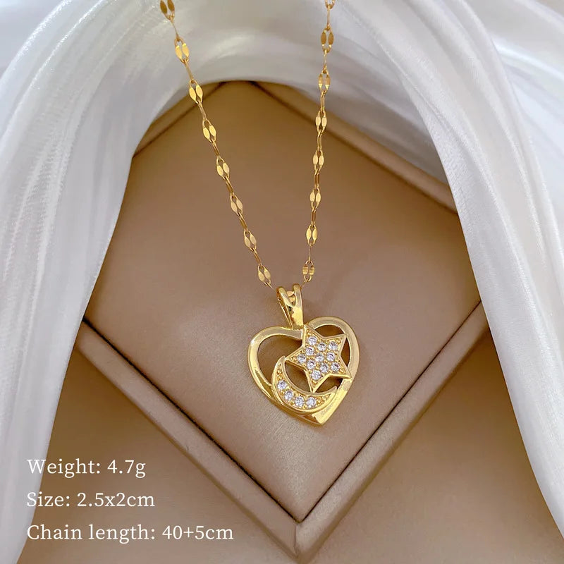 Heart Moon Star Pendant Necklace | Gold Stainless Steel Choker Pendant Necklace Nixie XL2606-809