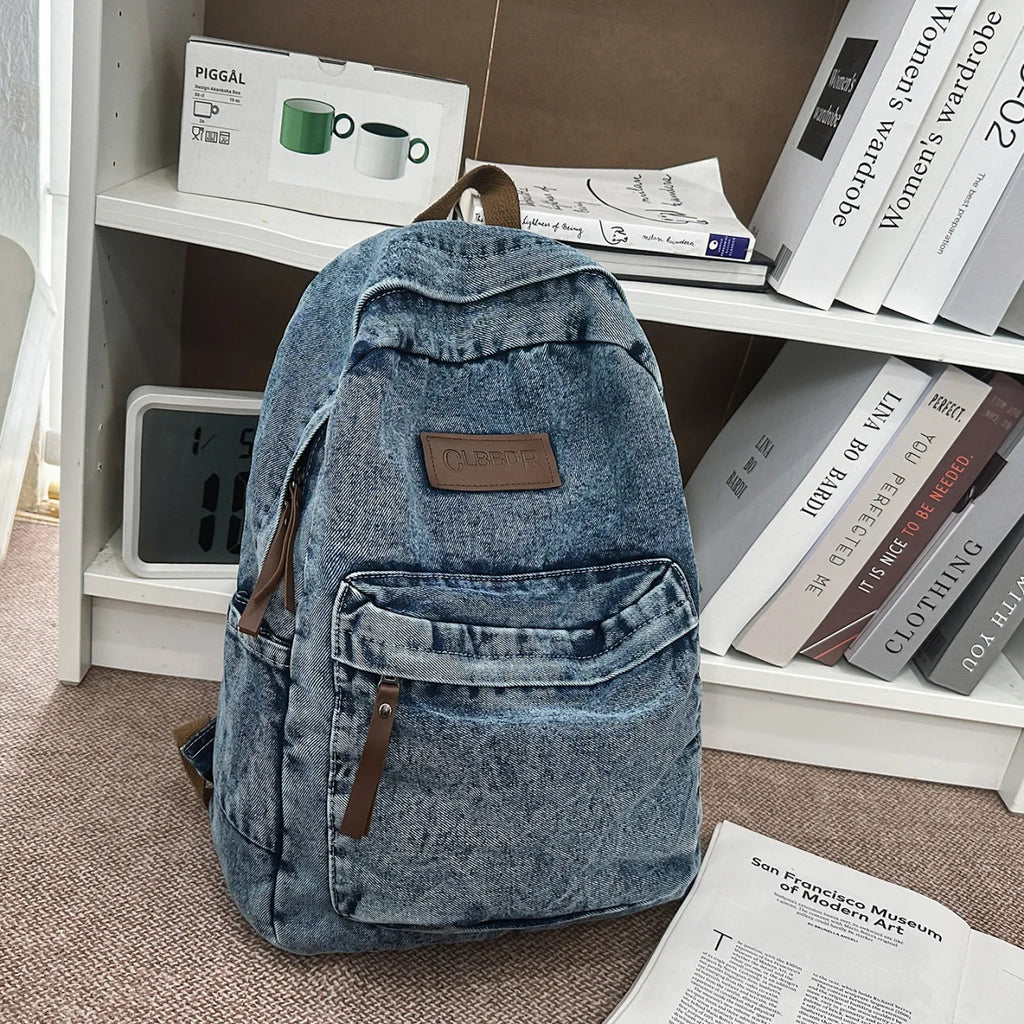 Vintage Denim Canvas Backpack – Unisex School & Travel Bag Denim Canvas Backpack Nixie Blue