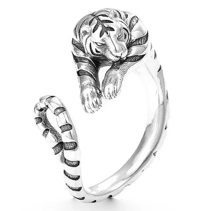 Retro White Tiger Adjustable Silver Ring – Unisex Punk Jewelry Fashion Ring Nixie