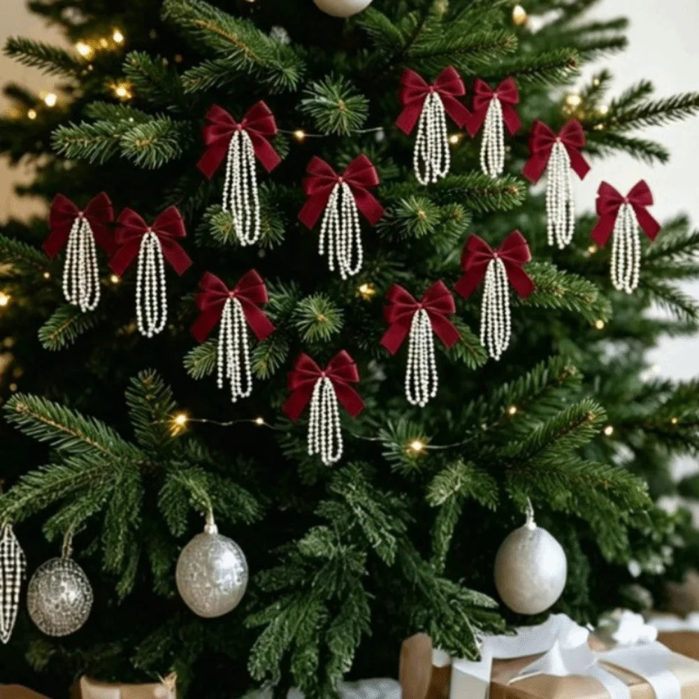 12pcs Velvet Christmas Tree Bows Gold Twist Ties Pearl Tassel Christmas Tree Bows Nixie Wine Red 12Pcs Bow