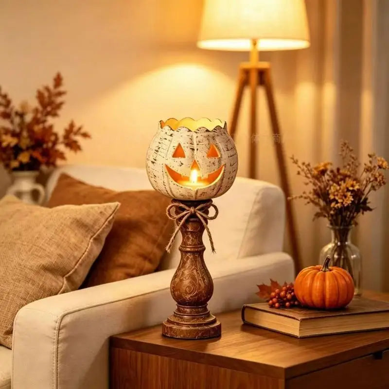 Pumpkin Jack-O'-Lantern Resin Candle Holder | Halloween Decor Candle Holder Set Nixie