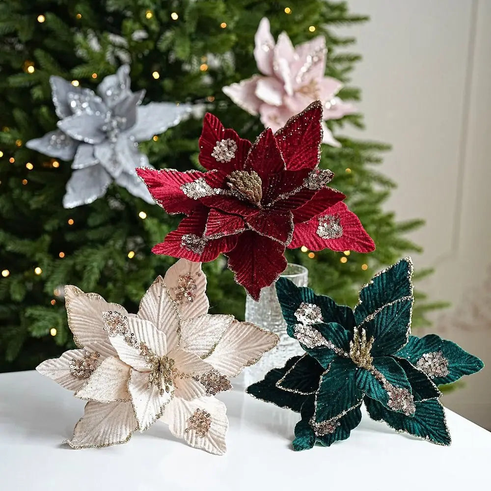 25cm Christmas Glitter Flower – Red & Gold Fake Bloom Decoration