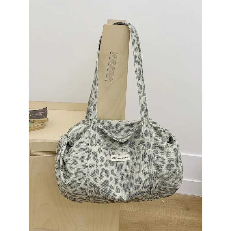 Korean Vintage Leopard Print Canvas Shoulder Bag | Large Capacity Canvas Shoulder Bag Nixie