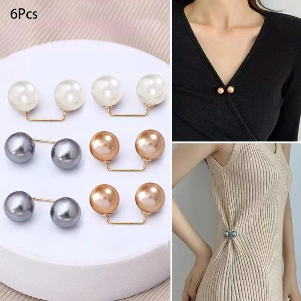 6Pcs Pearl Brooch Adjustable Waist Clip Double Head Pin Set
