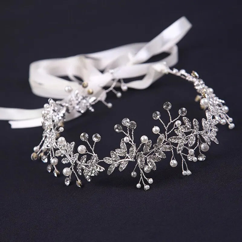 Silver-Plated Crystal Bridal Hair Band – Handmade Wedding Garland