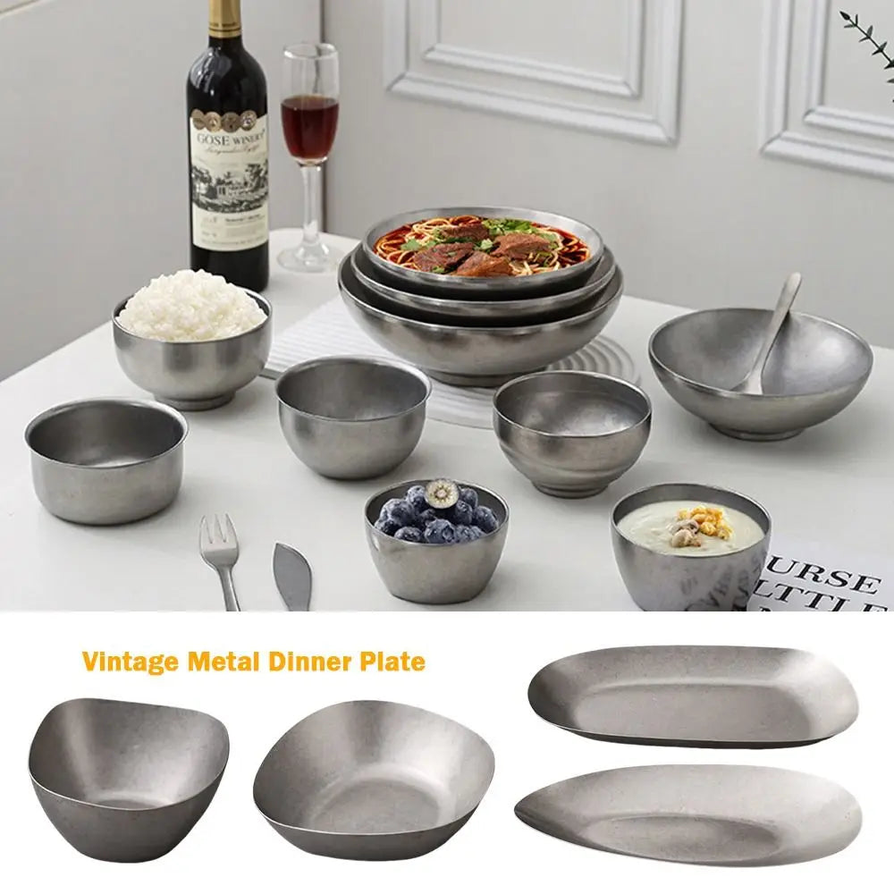304 Stainless Steel Vintage Metal Dinner Plate | Industrial Style