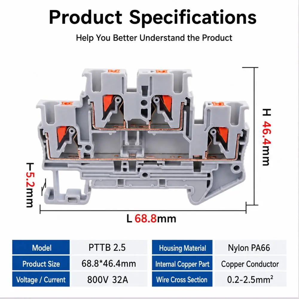 4Pcs PTTB-2.5 Double Layer Spring Terminal Block | DIN Rail