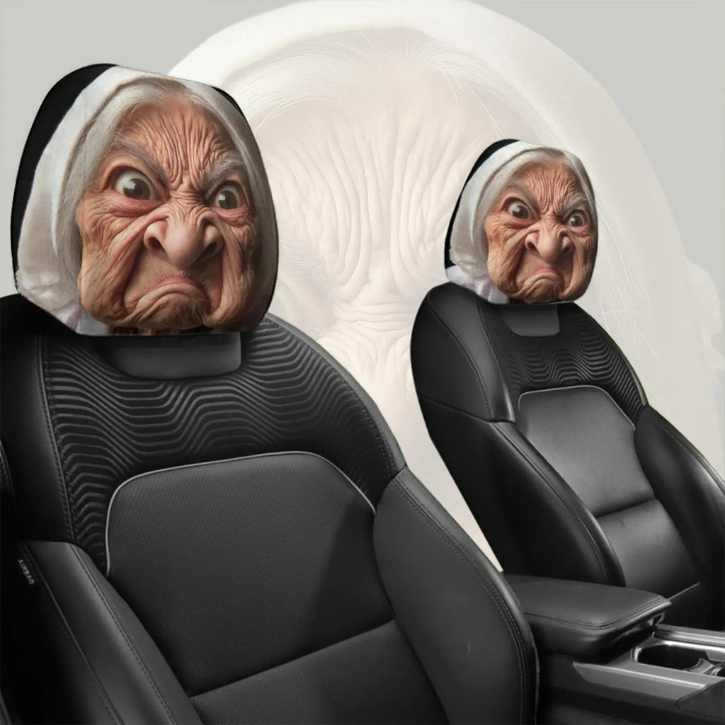 Funny Granny Face Car Headrest Covers 2Pcs – Universal Fit