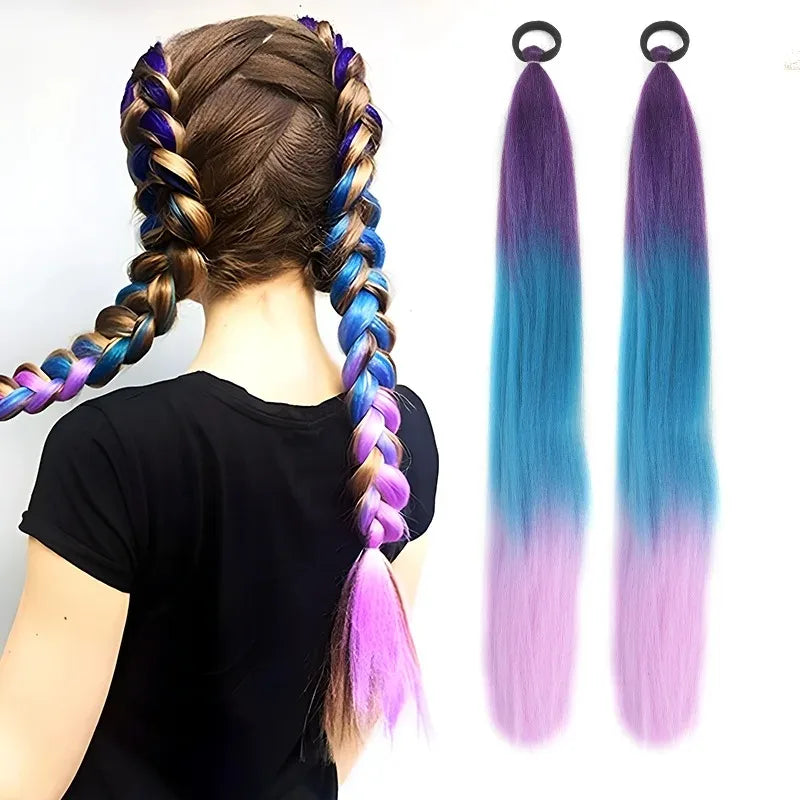 26" Synthetic Ponytail Extension Ombre Pink Purple Blue | Kanekalon Ponytail Hair Extension Nixie