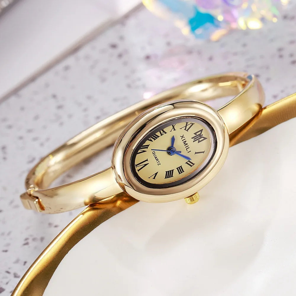 Oval Dial Bangle Bracelet Watch – Elegant Ladies Quartz Watch Ladies Bangle Watch Nixie Gold