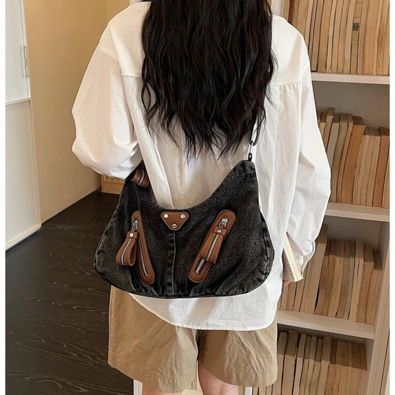 Y2K Denim Shoulder Bag Large Tote Commuter Handbag | Nixie Shoulder Tote Handbag Nixie