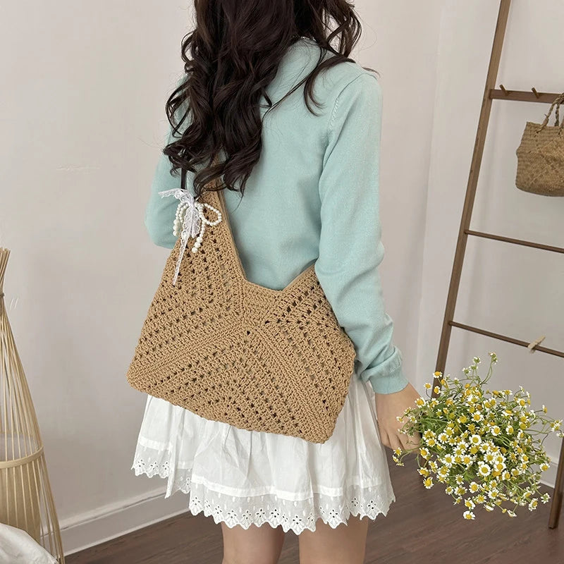 Cotton Crochet Tote Bag – Women's Woven Beach & Travel Bag Crochet Tote Bag Nixie
