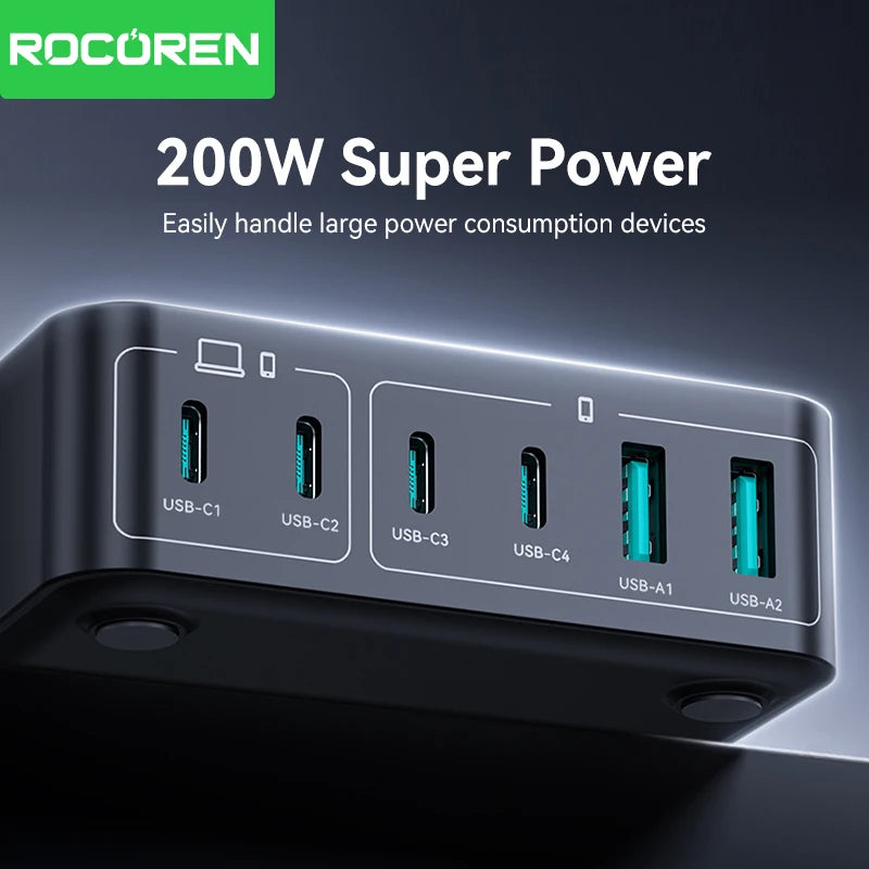 Rocoren 200W 6-Port GaN Fast Charger Desktop USB-C Station GaN Desktop Charger Nixie