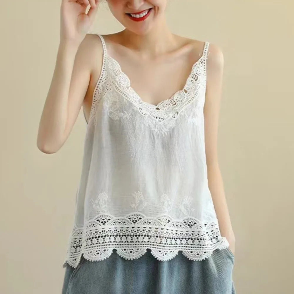 Retro Bohemian Embroidered Cotton Camisole | Spaghetti Strap Top Camisole Top Nixie