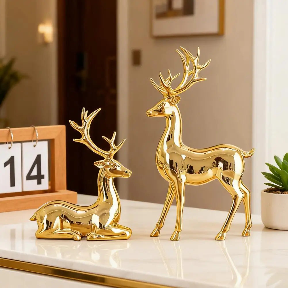 Gold Christmas Reindeer Statue Pair – Elk Figurine Home Décor Holiday Figurine Set Nixie
