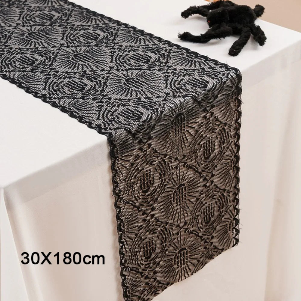 Black Halloween Lace Table Runner – Gothic Spider Web Cobweb Halloween Table Runner Nixie 30-180cm Style 1