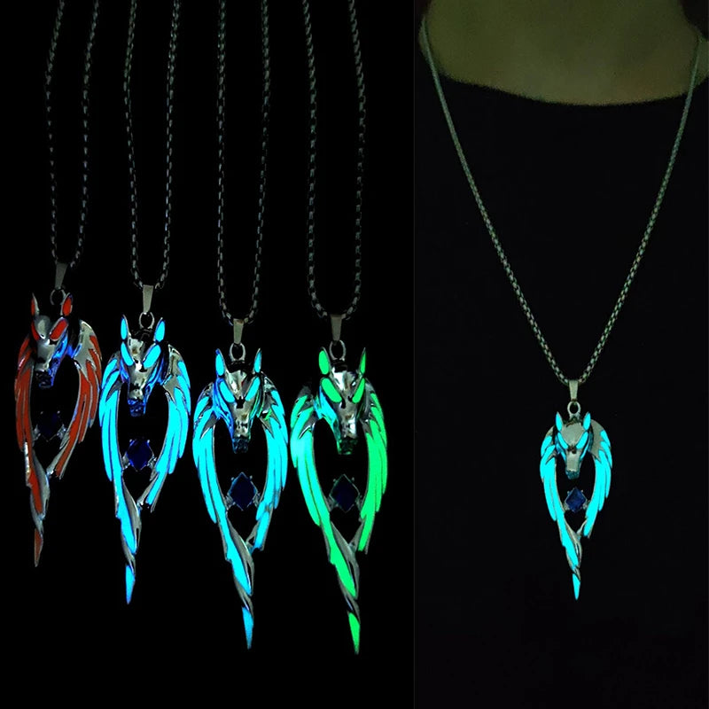 Glow in the Dark Wolf Pendant Necklace | Gothic Punk Steel Chain Pendant Necklace Nixie