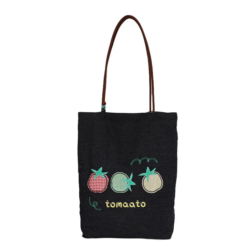 Korean Embroidered Floral Denim Tote Bag – Large Shoulder Bag Denim Tote Bag Nixie