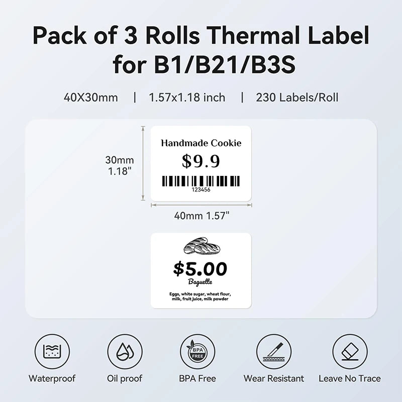 Niimbot White Thermal Label Roll 20–50mm Waterproof | B1 B21 B3S Thermal Label Roll Nixie