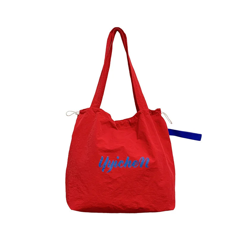 Women's Large Drawstring Nylon Tote Shoulder Bag | Casual Nylon Tote Bag Nixie Red