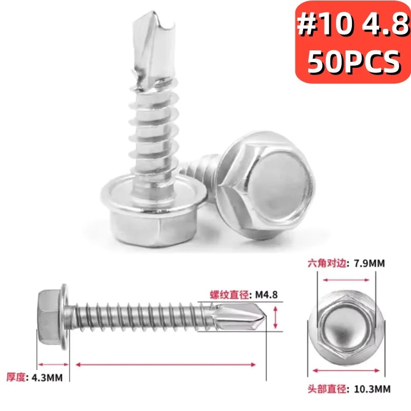100PCS M4.2 Stainless Steel Hex Self-Tapping Sheet Metal Screws Sheet Metal Screws Nixie M4.8 50PCS 25MM