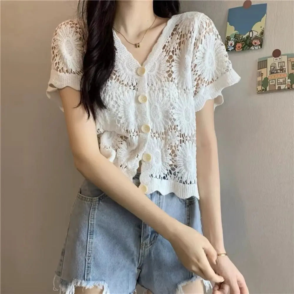 Women's V-Neck Crochet Cardigan Open-Knit Boho Blouse Crochet Cardigan Nixie