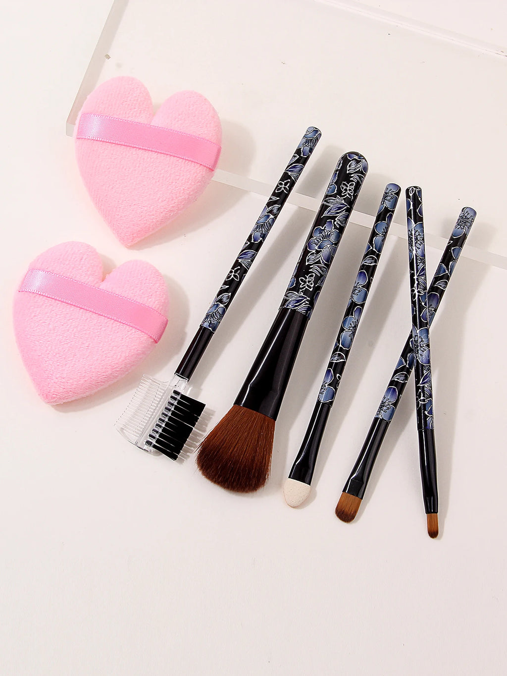 7Pcs Floral Makeup Brush Set & Heart Velvet Powder Puff Makeup Brush Set Nixie Other