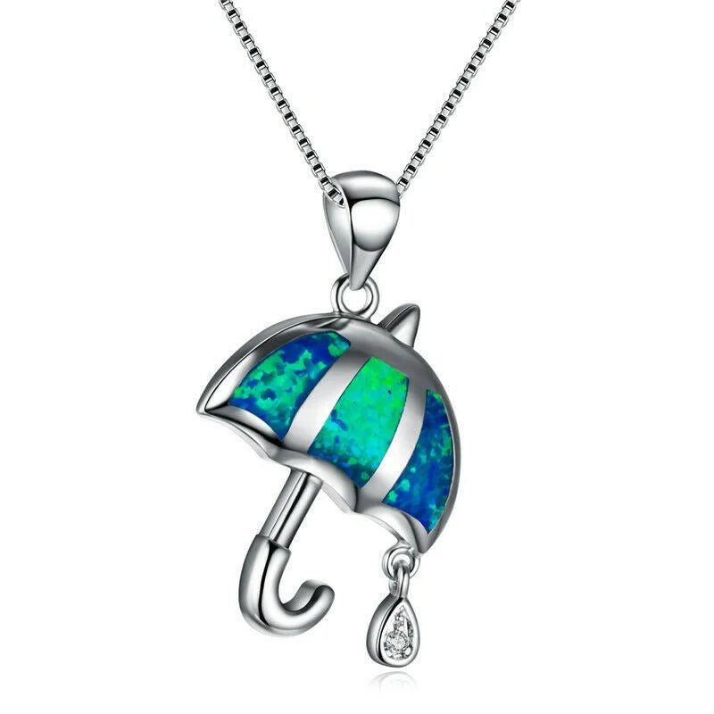 Silver Simulated Opal Umbrella Pendant Necklace | Gift Jewelry Pendant Necklace Nixie