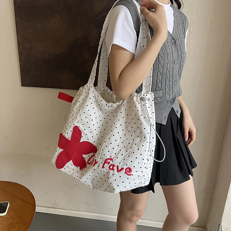 Korean Polka Dot Floral Shoulder Bag – Lightweight Nylon Tote Shoulder Tote Bag Nixie