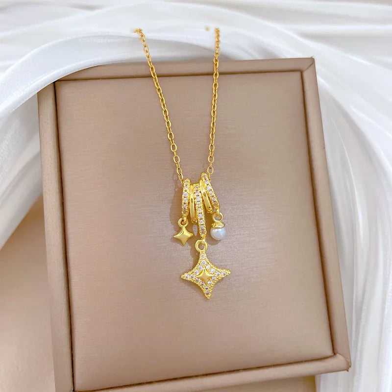 Gold Star Pendant Choker Necklace – Stainless Steel & Zircon