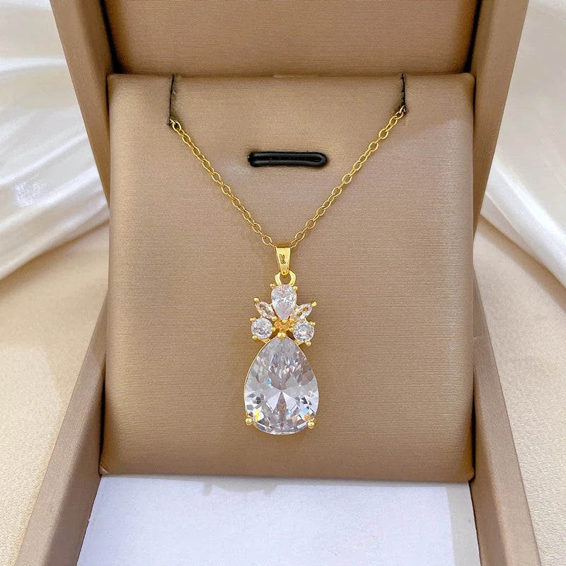 Waterdrop Pendant Necklace Women | Gold Zircon Clavicle Chain Pendant Necklace Nixie