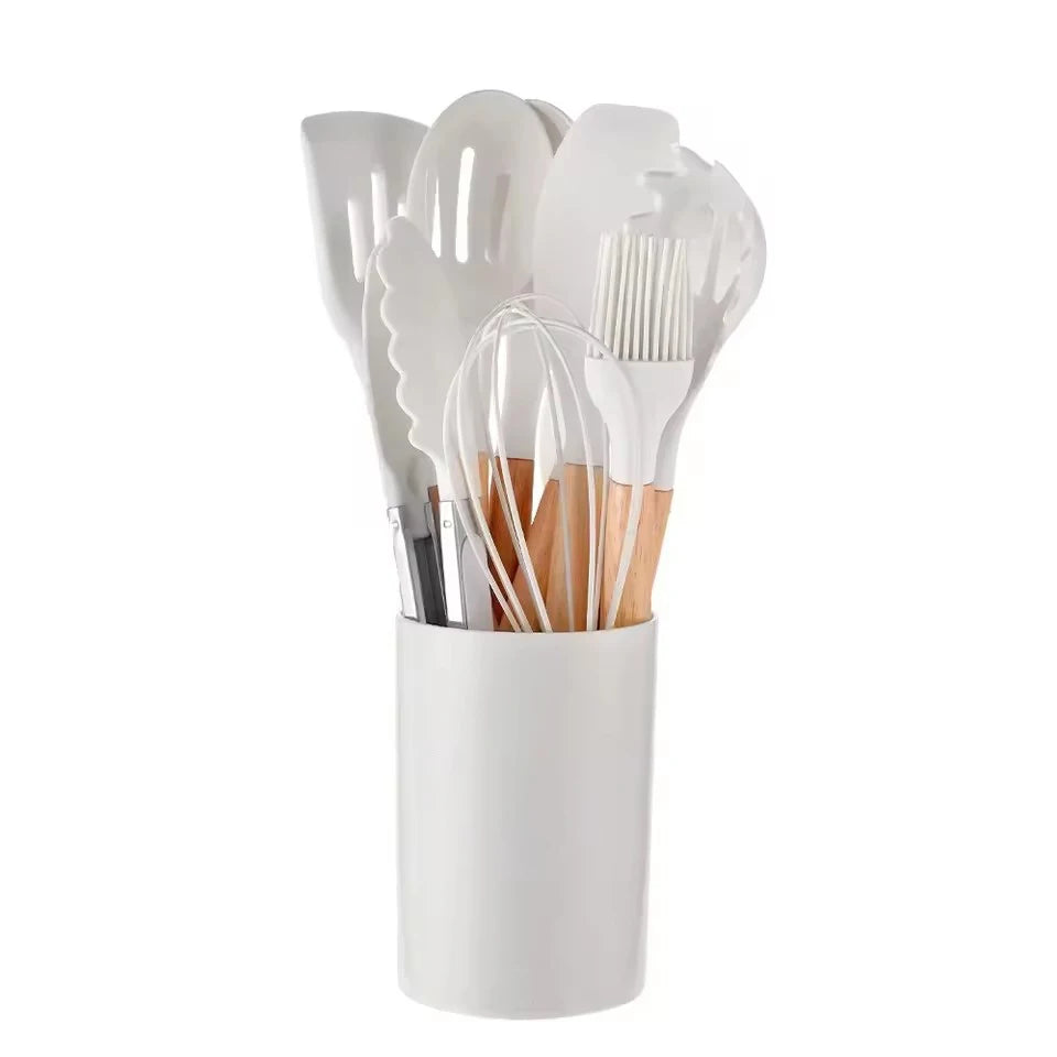 12-Piece Silicone Kitchen Utensils Set – Wooden Handle Kitchen Utensil Set Nixie WHITE