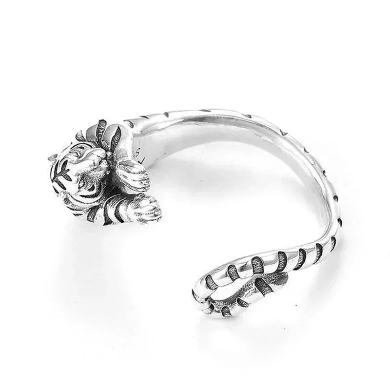 Retro White Tiger Adjustable Silver Ring – Unisex Punk Jewelry Fashion Ring Nixie