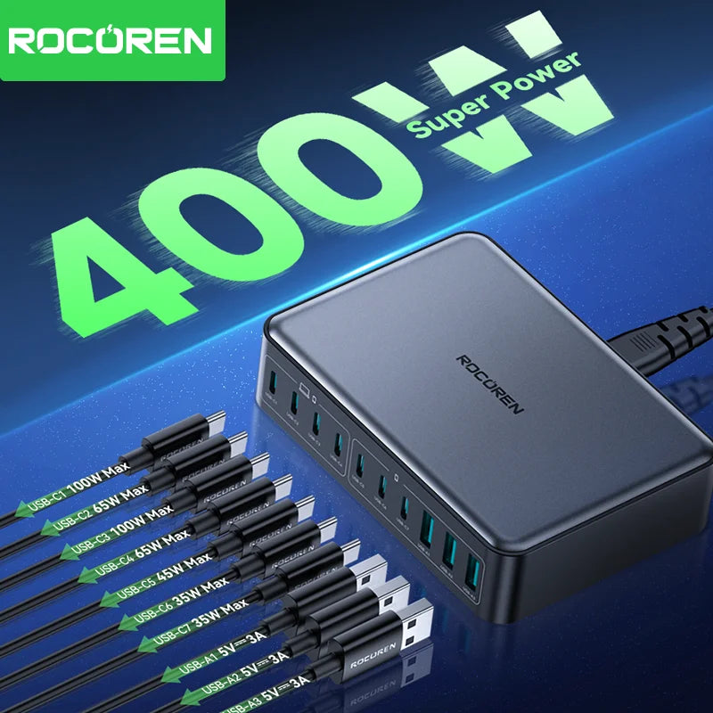 Rocoren 400W GaN Charging Station 10-Port USB-C & USB-A Hub
