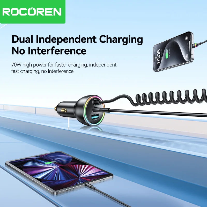 Rocoren 70W USB-C Car Charger with Spring Cable | Fast Charge