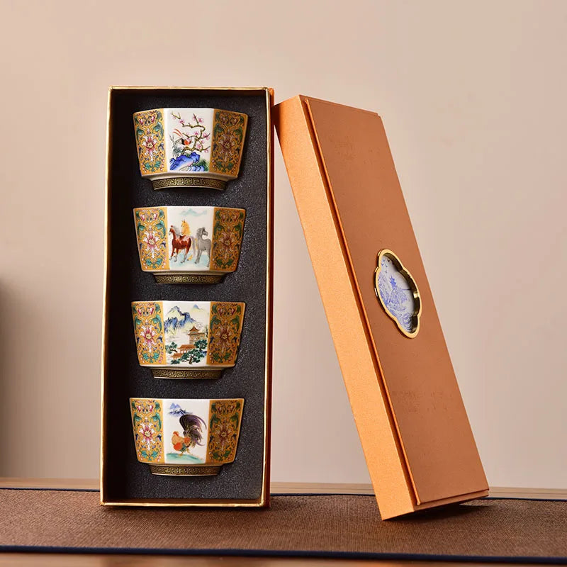 Octagonal Enamel Kung Fu Tea Cup | Retro Ceramic Master Cup Ceramic Tea Cup Nixie