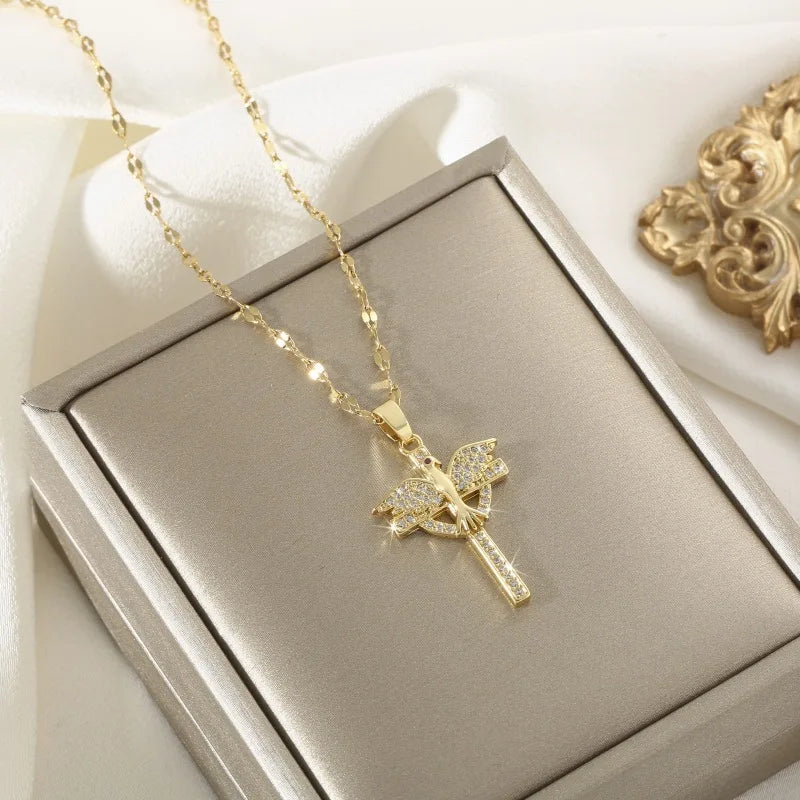 Phoenix Cross Gold Pendant Necklace – Stainless Steel Chain