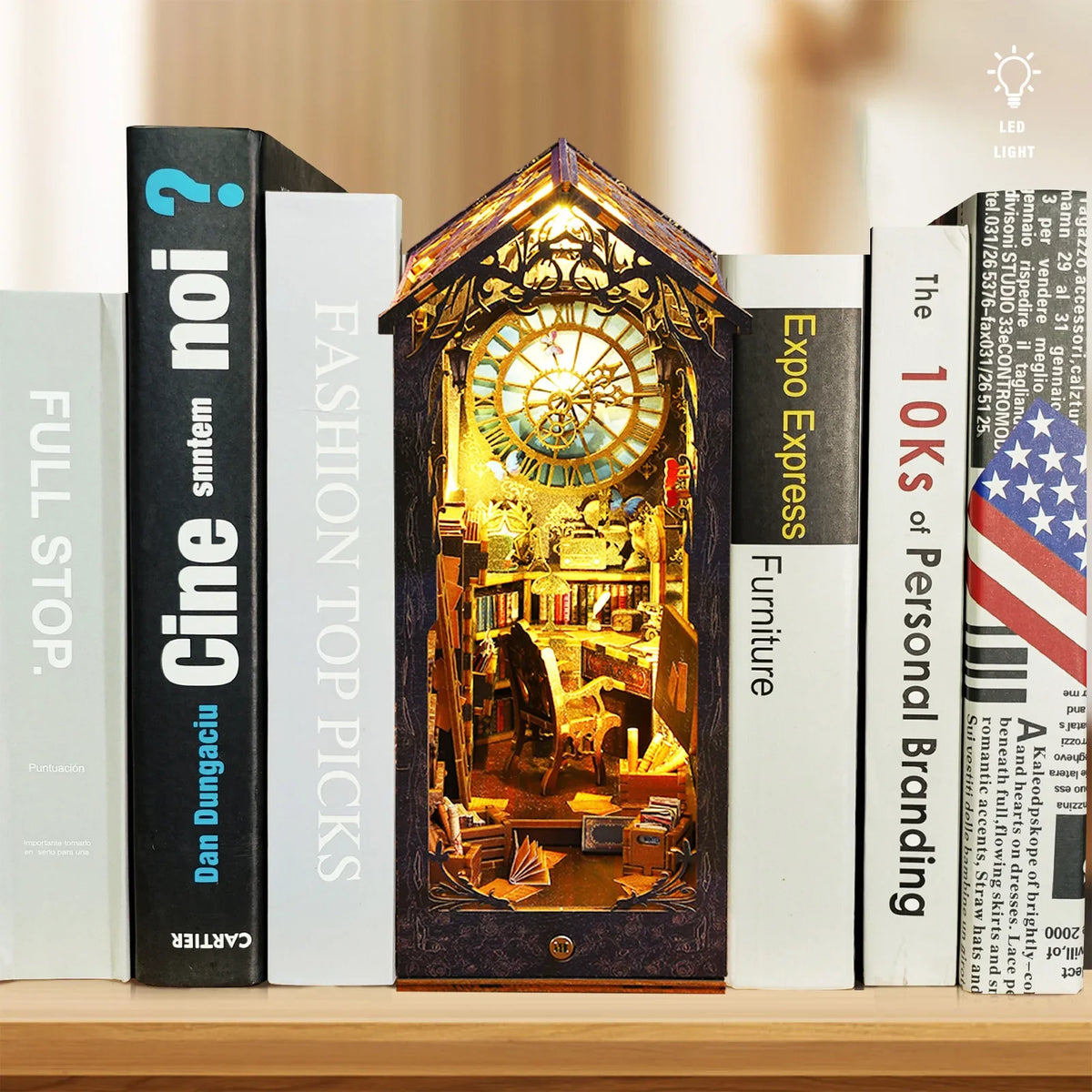 DIY Book Nook Kit 3D Wooden Puzzle Bookshelf Insert with LED Miniature Model Kit Nixie