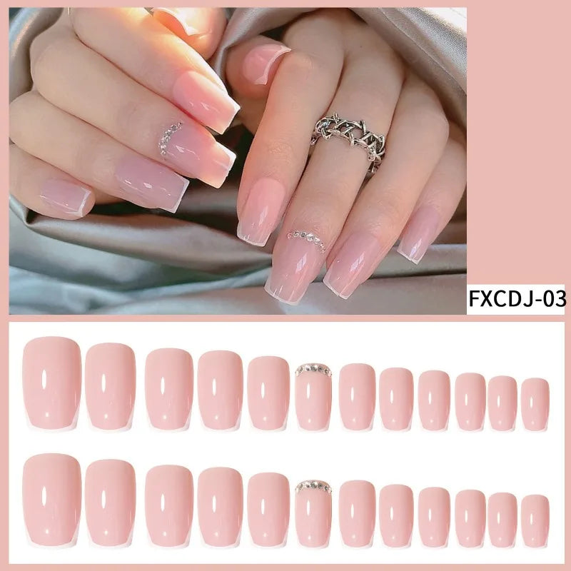Short French Rhinestone False Nails – 24Pcs Handmade Set False Nail Set Nixie