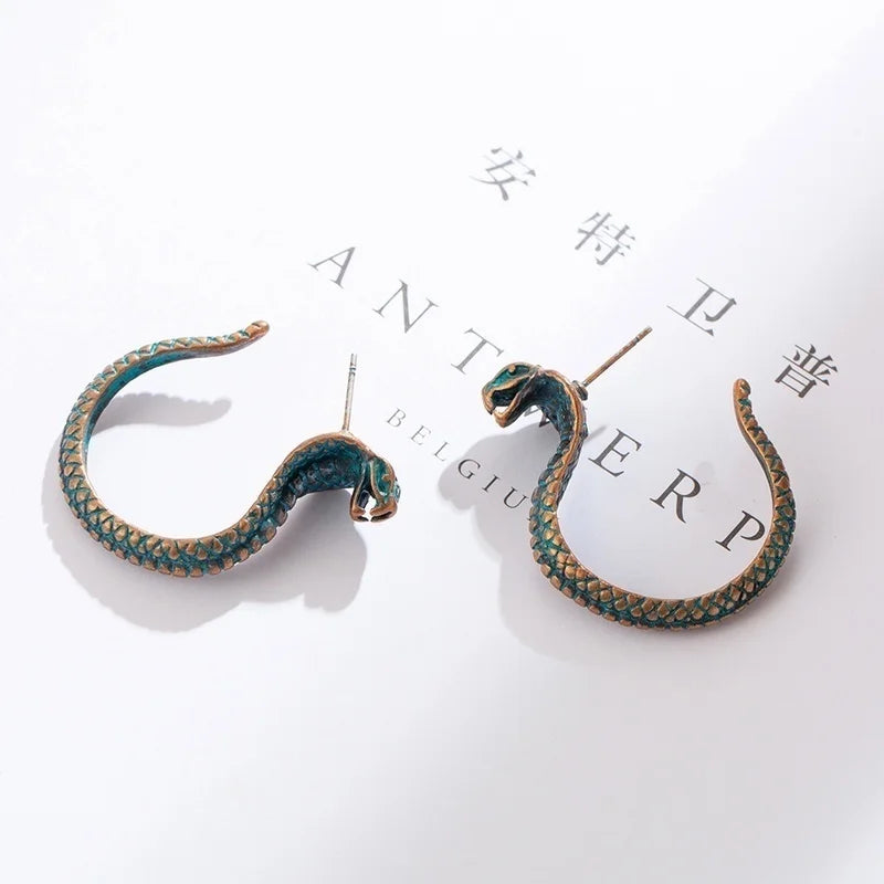 Antique Green Cobra Stud Earrings – Punk Crystal Zinc Alloy Fashion Stud Earrings Nixie