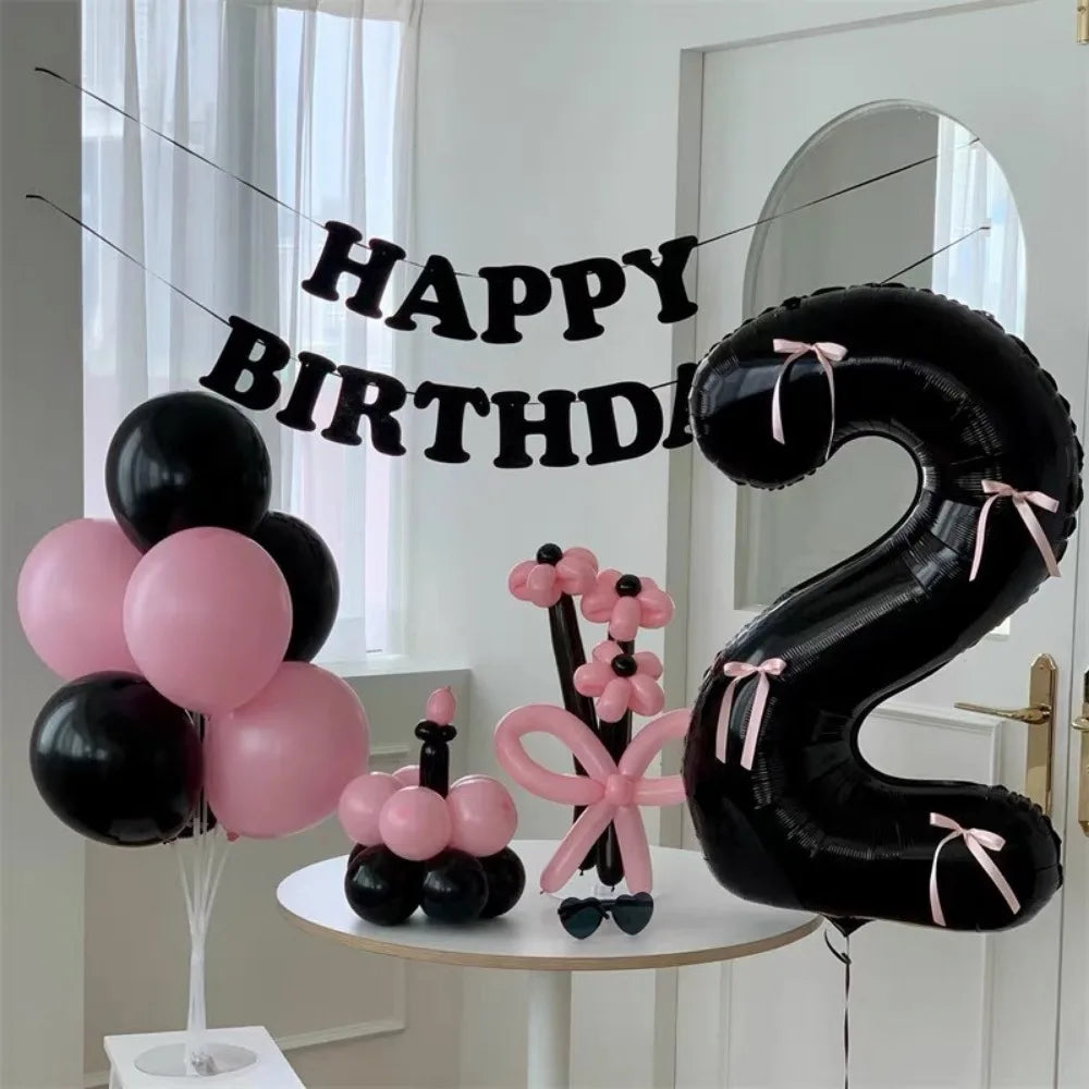 32 Inch Black Number Balloon with Pink Bows | Foil Party Decor Party Balloon Decoration Nixie