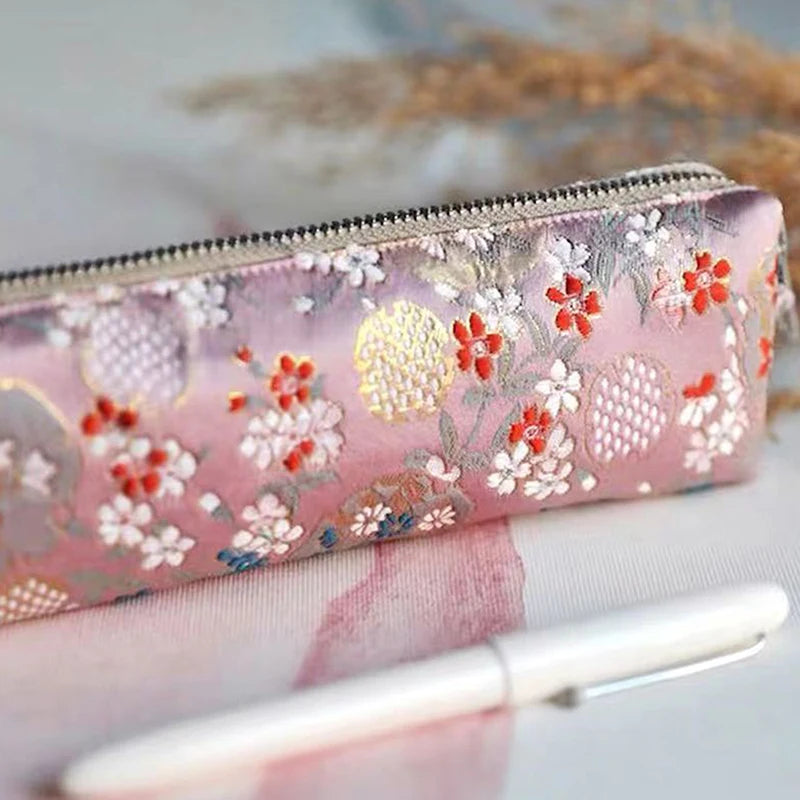 Vintage Embroidery Pencil Case Large Capacity Cotton Linen Pouch Embroidery Pencil Case Nixie A4