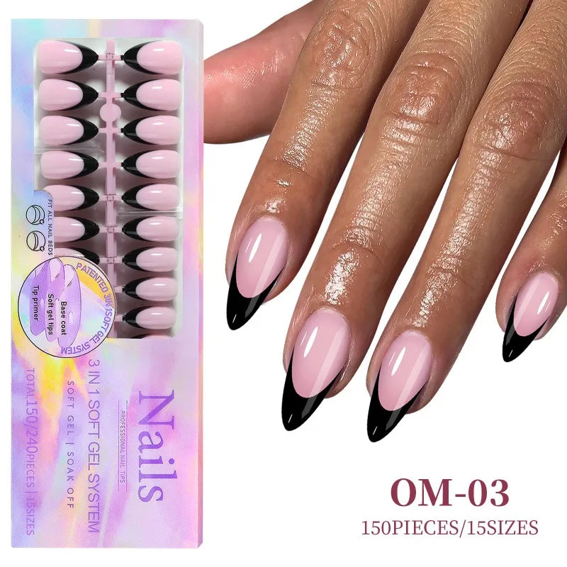 Black Pink French Tip Press On Nails with Rhinestones 24pcs Press On Nails Nixie 03